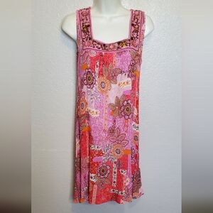 💚5/$25 Floral Pink Crepe Gauze Retro Beaded Square Neck Sleeveless Dress